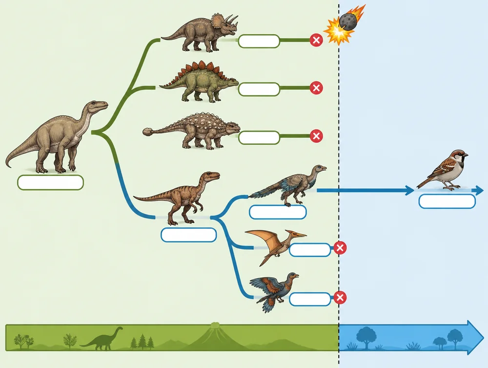 Drzewo pokrewieństwa pokazuje ptaki jako gałąź dinozaurów, która przetrwała wielkie wymieranie.