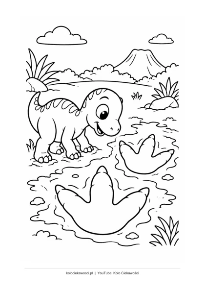 Dinozaur i ślady — kolorowanka do druku PDF A4