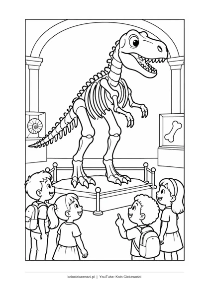 Szkielet dinozaura w muzeum — kolorowanka do druku PDF A4