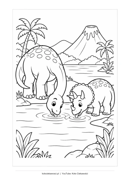 Dinozaury nad jeziorem — kolorowanka do druku PDF A4