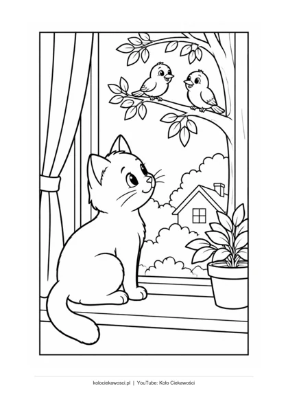 Kot w oknie — kolorowanka do druku PDF A4