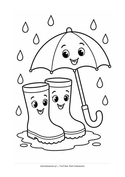 Kalosze i parasol — kolorowanka do druku PDF A4