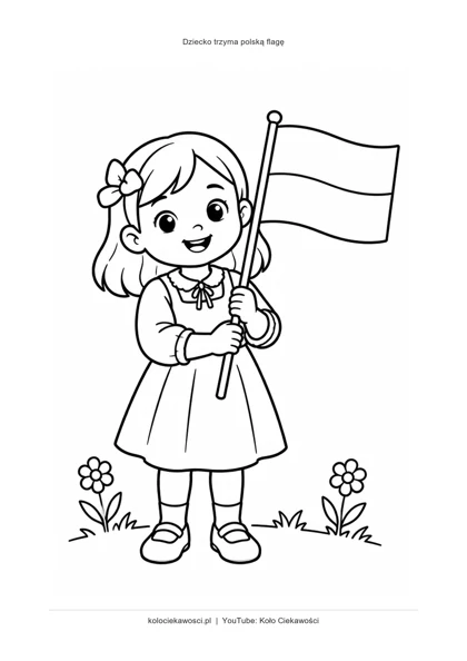 Dziecko trzyma polską flagę — kolorowanka do druku PDF A4