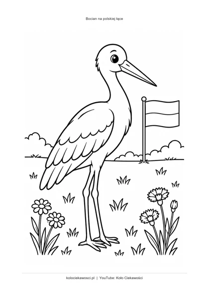 Bocian na polskiej łące — kolorowanka do druku PDF A4
