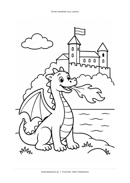 Smok wawelski przy zamku — kolorowanka do druku PDF A4