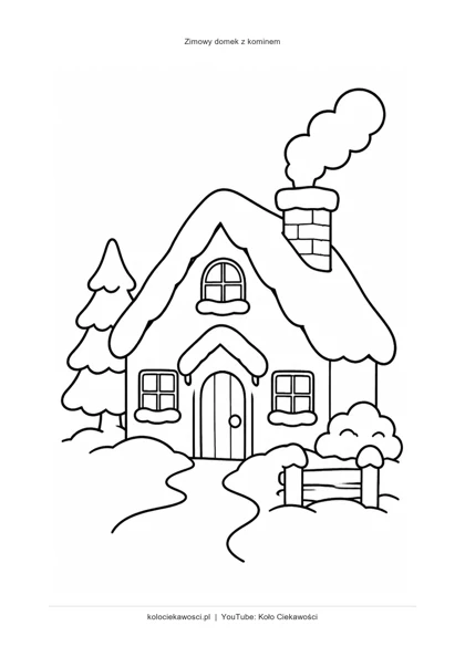 Zimowy domek z kominem — kolorowanka do druku PDF A4