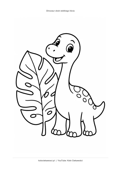 Dinozaur obok wielkiego liścia — kolorowanka do druku PDF A4