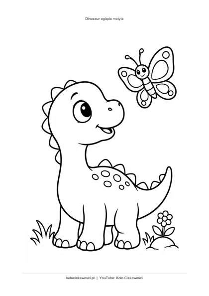 Dinozaur ogląda motyla — kolorowanka do druku PDF A4