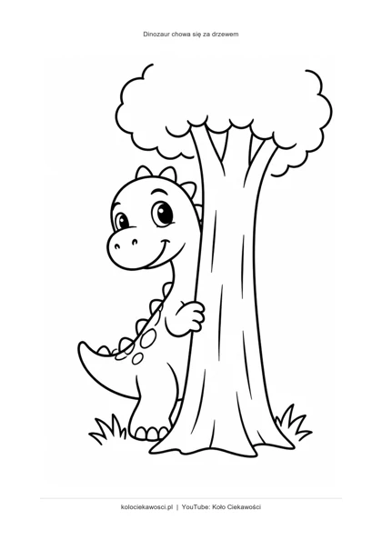 Dinozaur chowa się za drzewem — kolorowanka do druku PDF A4