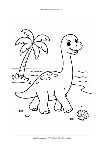 Dinozaur spaceruje po plaży — kolorowanka do druku PDF A4