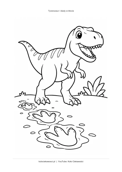 Tyranozaur i ślady w błocie — kolorowanka do druku PDF A4