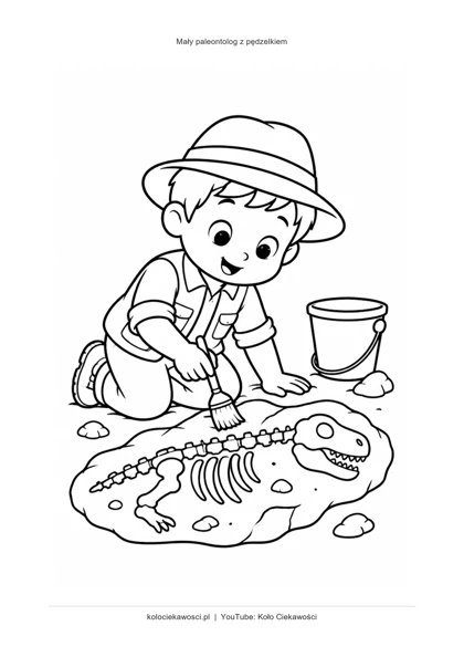 Mały paleontolog z pędzelkiem — kolorowanka do druku PDF A4
