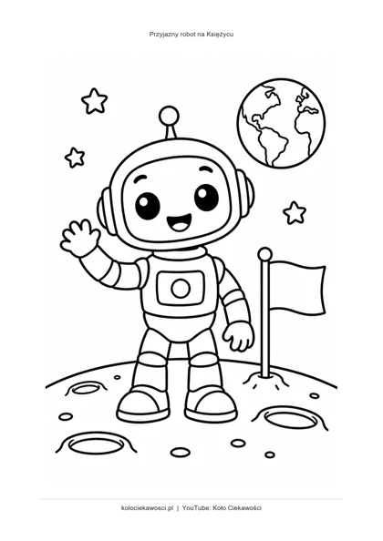 Przyjazny robot na Księżycu — kolorowanka do druku PDF A4