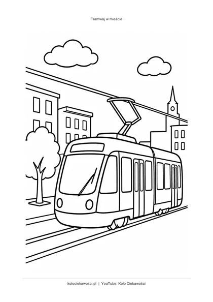 Tramwaj w mieście — kolorowanka do druku PDF A4