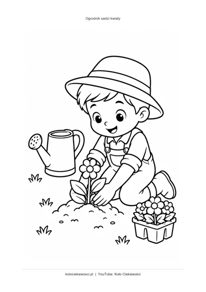 Ogrodnik sadzi kwiaty — kolorowanka do druku PDF A4