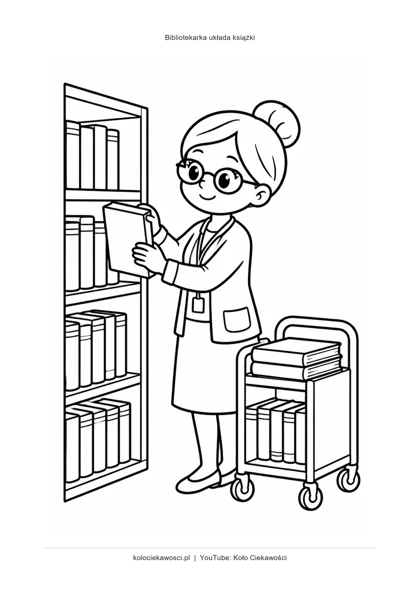 Bibliotekarka układa książki — kolorowanka do druku PDF A4