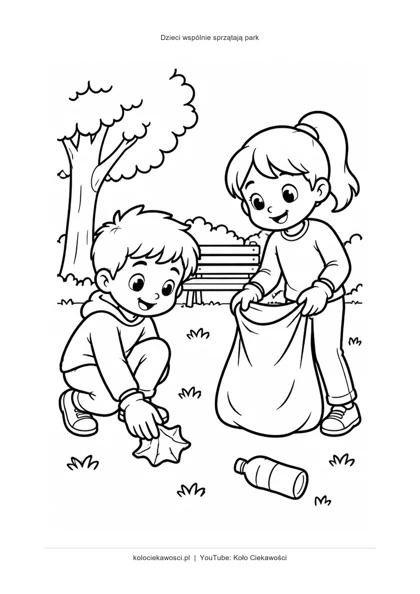 Dzieci wspólnie sprzątają park — kolorowanka do druku PDF A4